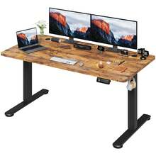 Devoko Height-Adjustable Electric Desk, Sit-Stand Desk With LED Control Panel, 2 Memory Heights, 73-118 Cm Height Adjustment, T-Steel Frame, 70 Kg Load Capacity, 100-180 Cm, Black/White/Beige/Rustic Wood - Fire Pattern - View 3
