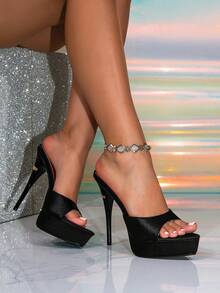 Women's Thick Platform Pointed Toe Black Decorative Elegant Party High Heel Sandals, Suitable For Going Out - Black - View 7