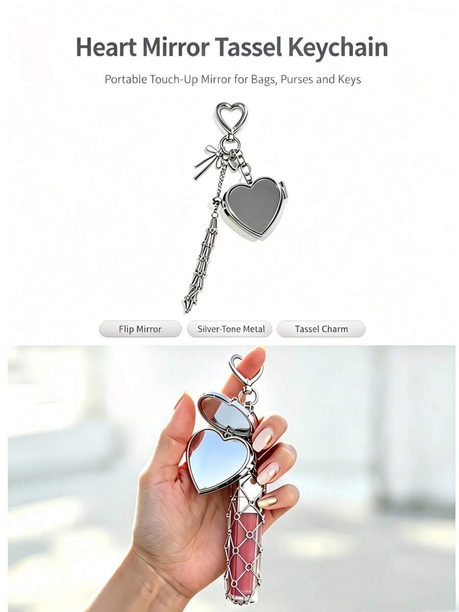 Creative Hanging Decor Heart & Star Pendant Mesh Bag Lipstick Storage Pouch, Stainless Steel Lip Balm Holder, Metal Keychain, Suitable As Gift For Friends, Family Or Girlfriend