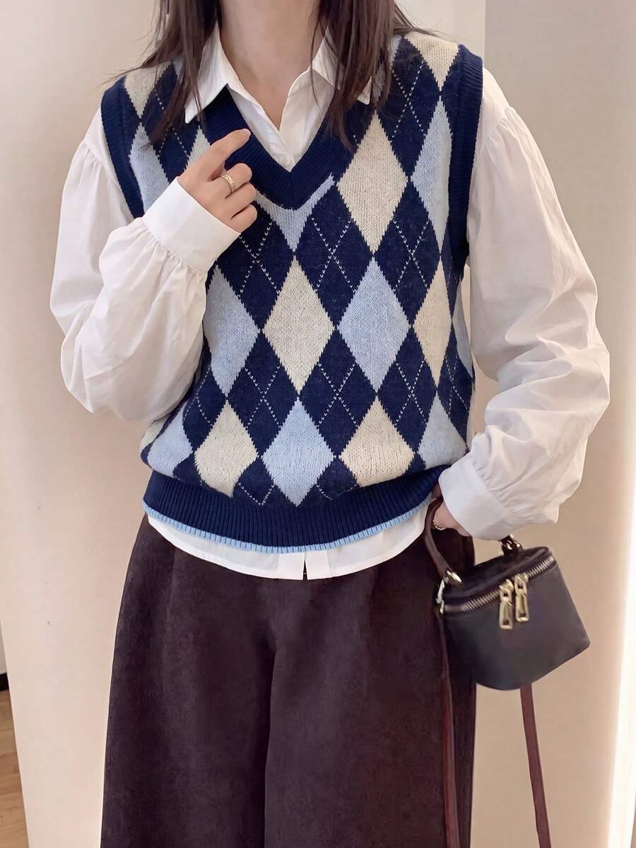 Women's Autumn Casual Minimalist Diamond Pattern V-Neck Pullover Vest Vacation - Navy Blue - View 1