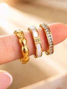 3 st minimalistiskt elegant ringset, stapelbar design, perfekt för daglig pendling, dejter och andra tillfällen, mycket iögonfallande - Guld - Visa 5