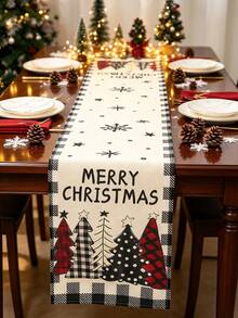 1pc Merry Christmas Linen Table Runner, Buffalo Plaid Christmas Tree Print Table Runner, Christmas Holiday Kitchen Dining Room Party Table Decor, Winter Farmhouse Style Linen Tablecloth, Christmas Decoration, Christmas Decor - Multicolor - View 2