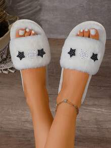 1 Pair Black Fuzzy Open Toe Slippers With Cute Star Decor, Non-Slip Flat Sole, Suitable For Autumn/Winter Home Wear And Outdoor Use - Black - View 2