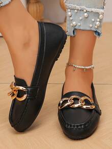 2026 Women's Spring New Black Chain Elegant Slip-On Loafers, Lightweight Comfortable Versatile Soft Sole Flat Shoes - Black - View 6