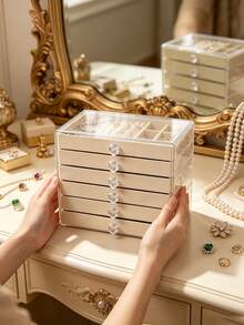 1pc Luxury Multi-Layer Acrylic Jewelry Storage Box With Dust-Proof Transparent Lid And Flocked Compartments For Earrings, Rings, Necklaces And Accessories Organizer For Home Vanity - Multicolor - View 20