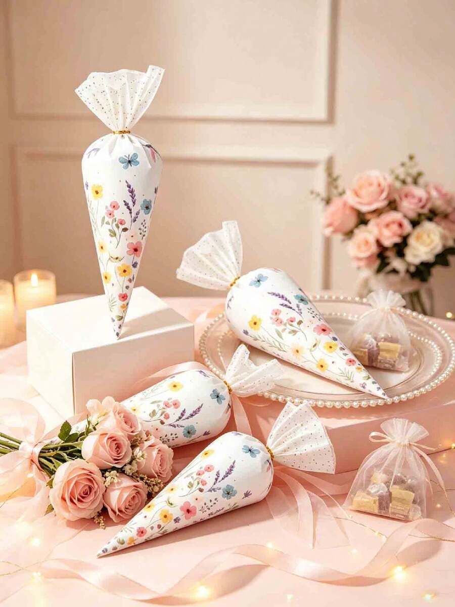 5/25/50pcs Bowknot Triangle Candy Bags, Pink Bowknot Dessert Bags, Pink Bowknot Theme Birthday Party Table Centerpiece Decor, Wedding Decor, Party Gift Bag Fillers - Multicolor - View 1