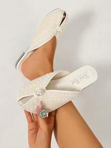 Ximi Ruo Women's Open Toe Cool Slides Spring New Fashion Outdoor Flat Rhinestone Closed Toe Slippers Slouchy Mule Shoes Internet Celebrity Closed Toe - White - View 5