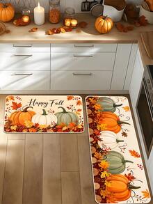 1/16Pcs Hello Fall Theme Doormat, Thanksgiving Door Mat, Printed With Pumpkin And Maple Leaf Patterns, Autumn Harvest Festival Decoration Mat, Welcome Kitchen Rug, Dirt-Resistant Floor Mat, Autumn Party Decor - Multicolor - View 3