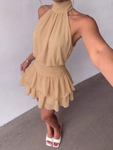Elegant Fashion Halter Neck Backless Layered Ruffle Mini Dress Wedding - Khaki - View 11