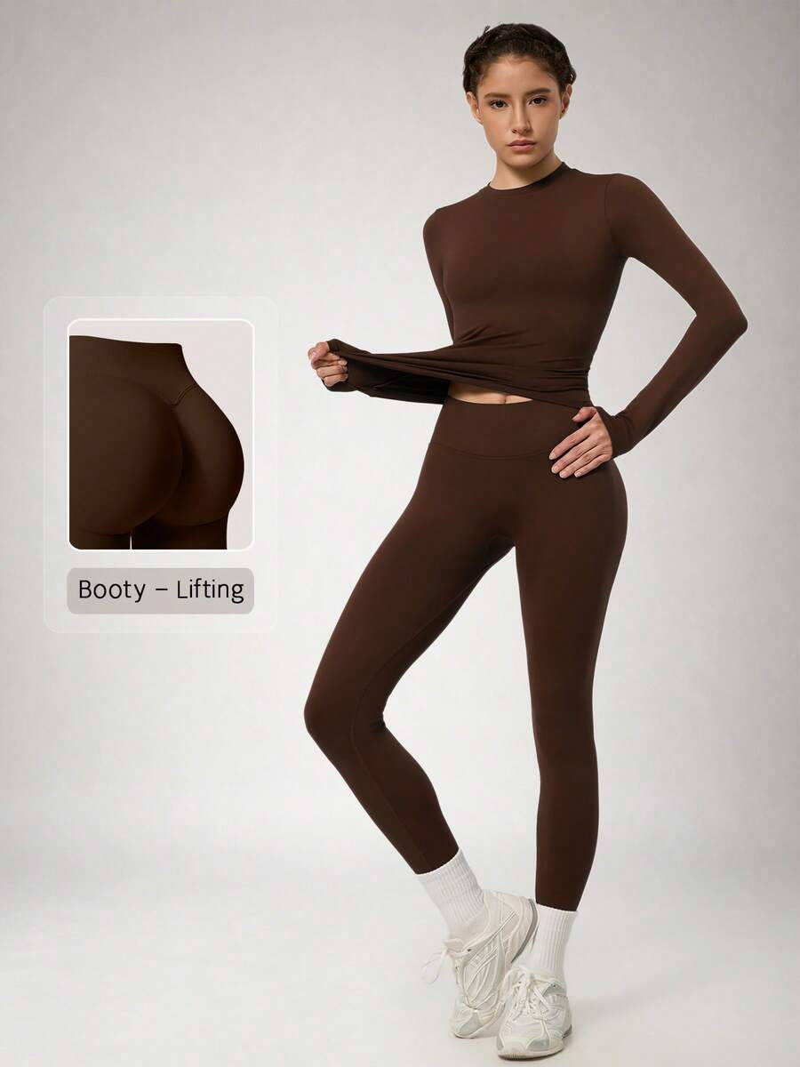 NcmRyu Women's One Set Solid Color Seamless Round Neck Short Sleeve Butt-Lifting Tight Cropped Pants Sports Set - Mocha Brown - View 1