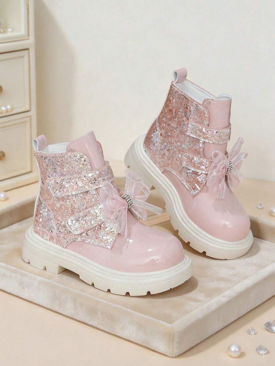 1 Pair Pink New Fashion Children's Boots PU Glossy + Rhinestone Bow ...