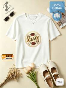 Hello Retro Exquisite Elegant Baroque Mysterious Pure Cotton CIAO Italian Vintage Round Frame Rose Print Women's Short Sleeve Party Gathering Spring - 白色 - 查看 2