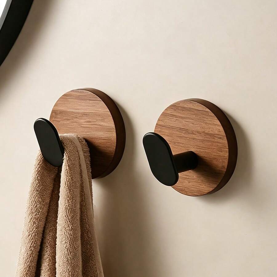 3pcs Solid Wood Multi-Purpose Wall Hooks, No Drilling Strong Adhesive, Stable Load-Bearing, Smooth Protection, Universal Type, Suitable For Entryway, Clothing, Bathroom Towels, Kitchen Utensils, Wardrobe Storage, Fashionable Wood Grain Design, Whole House Wall Decoration - Multicolor - View 1