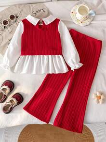 Girls' Autumn/Winter Red-Tone 2 Pieces Set, Peter Pan Collar 2 In 1 Long Sleeve Top With Rhinestone Embellishments, 3D Floral Vertical Textured Stretch Flare Pants, Versatile For Outings And Daily Wear - Red - View 2