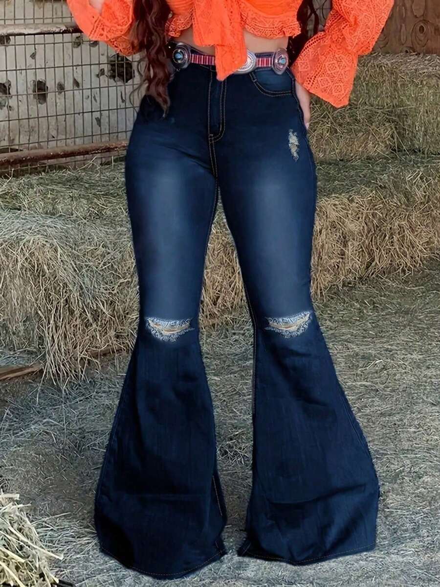 Celana Jeans Flare Seksi Kasual Wanita, Desain Detail Kancing dan Resleting Bergaya Rusak, Panjang, Elastisitas Sedang, Cocok untuk Pakaian Liburan Musim Gugur