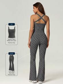 UONNOU 2pcs Polka Dot Square Neck Criss-Cross Back Camisole + Criss-Cross Waist Flare Pants Sports Set - Grey - View 11
