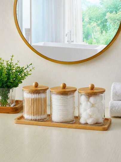 1/2/3/4 Piezas Soporte para Bastoncillos de Algodón de Encimera de Baño, Frascos de Botica Transparentes con Tapas de Bambú Natural & Bandeja para Almohadillas de Algodón, Bolas de Algodón, Bastoncillos y Palillos de Hilo Dental
