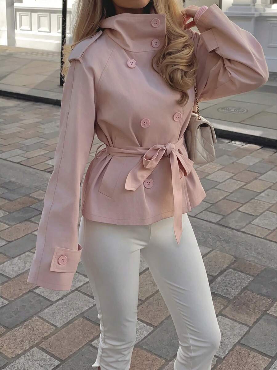 Mantel Trench Midi Lengan Panjang Kerah Tegak dengan Kancing dan Sabuk Warna Pink untuk Musim Gugur/Musim Dingin, Cocok untuk Kencan atau Kantor - Berwarna merah muda - View 1