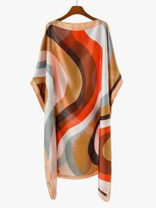 1pc Women's Elegant Minimalist Premium Geometric Wave Morandi Color Block Print Chiffon Pullover Long Robe Shirt, Summer Outdoor Casual Travel Versatile Sun Protection Cover-Up Shawl - Multicolor - View 6