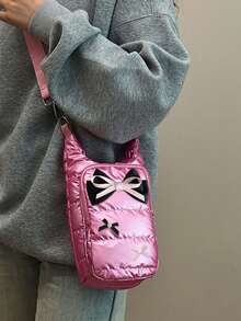 Cute Bow Water Bottle Crossbody Bag, Adjustable Strap Quilted Crossbody Bag, Fashionable Insulated Cup Holder, With Phone And Accessory Pockets - Multicolor - View 6