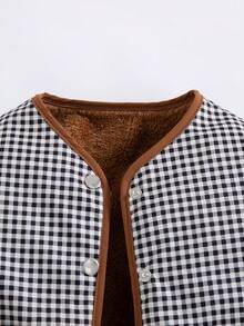 Girls' Casual Fashion Plaid Round Neck Snap Button Design Thermal Lined Thick Jacket, Autumn/Winter - Coffee Brown - View 4