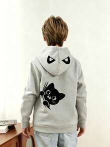 Young Boy Fun Print Pullover Sweatshirt, Warm & Comfortable Thermal Lined Pullover Sweatshirt For Autumn/Winter - Grey - View 3