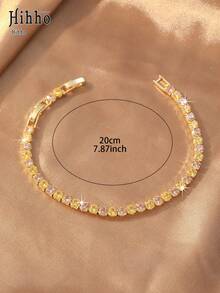 Hihho 1pc Multi-Color Gradient Full Zirconia Bracelet, Sweet Colorful Style, Available In Rainbow Gradient, Solid Color Gradient And Other Color Combinations, Featuring "Pave Zirconia + Gradient Color" Design, Energetic And Visually Eye-Catching, Suitable For Streetwear, Dating And Other Occasions - Gold - View 10