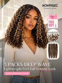 WOWANGEL 5pcs Deep Wave Pre-Looped Feather Crochet Human Hair Extensions Suitable For Miracle Knots Bohemian Braids, Deep Wave Curly Hair, 5-6 Packs For Full Head, Knotless Bohemian Braids, Vacation Hairstyle, Voluminous Texture, Time-Saving Wear, Summer Vibe - SP4/27 - View 1