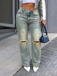 Calça Denim Feminina Vintage de Perna Reta com Strass Coloridos e Design Desgastado, Calça Longa Afunilada Sem Elasticidade, Criando um Visual Casual - Lavagem clara - Visão 2