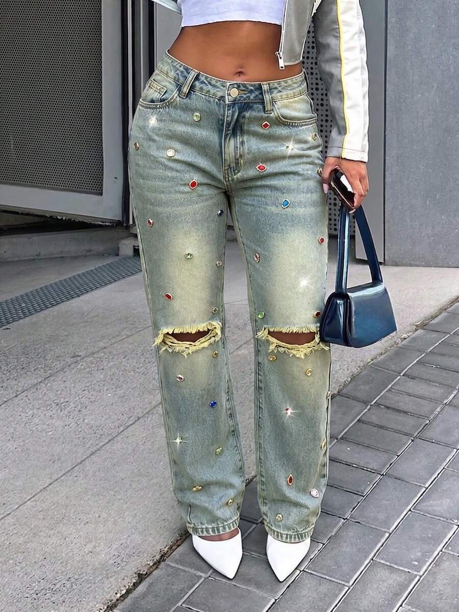 Calça Denim Feminina Vintage de Perna Reta com Strass Coloridos e Design Desgastado, Calça Longa Afunilada Sem Elasticidade, Criando um Visual Casual