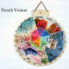 Four Seasons Watercolor Wooden Perpetual Calendar, Rotating Round Forever Calendar With Stand & Hanging Rope, English & French Version Adjustable Month Date Week Wall Desk Calendar, Back To School Kids Educational Learning Decor - A - View 2