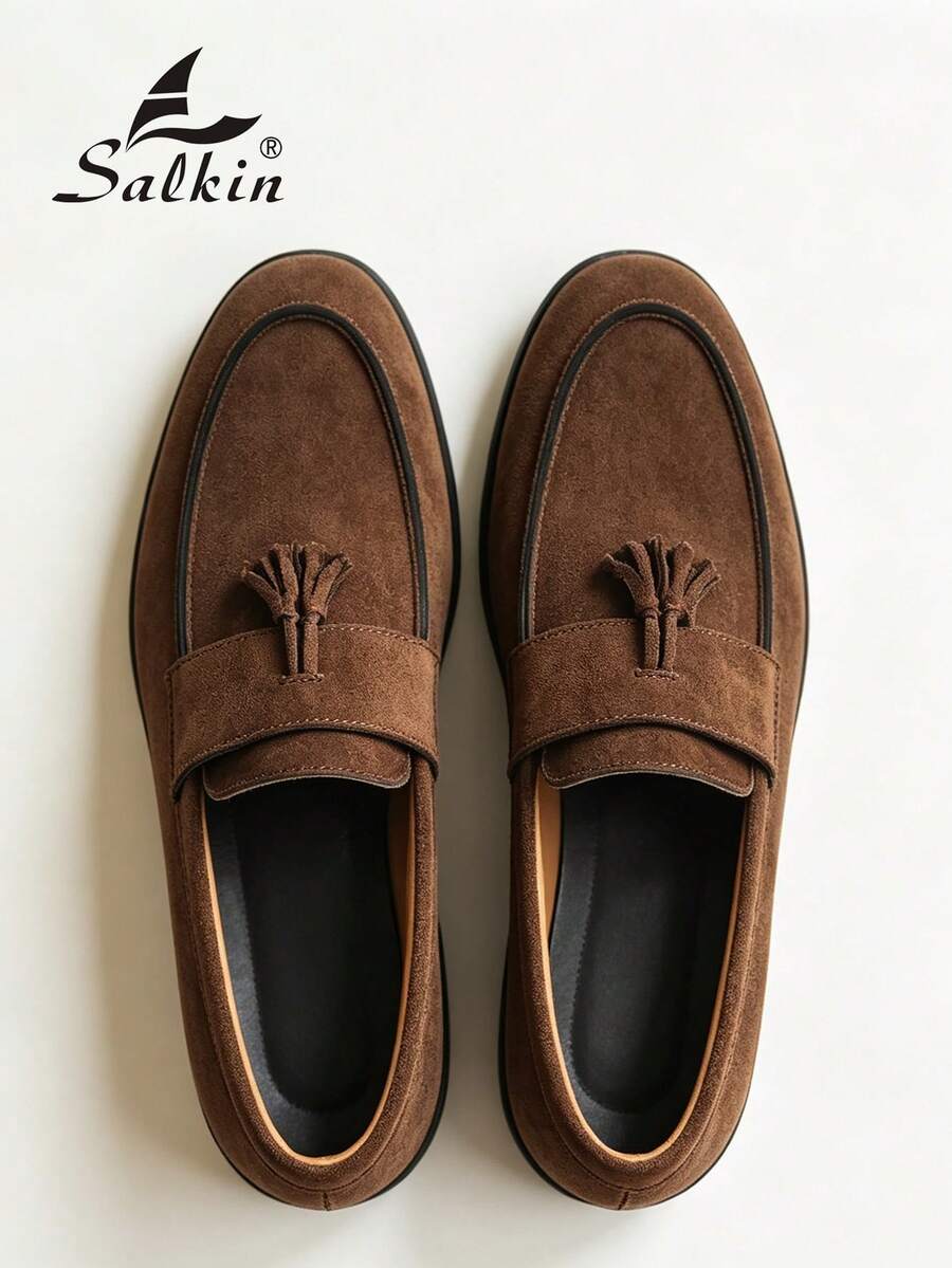 Salkin 奢華時尚設計師男士樂福鞋 流蘇一腳蹬 手工柔軟仿麂皮素食皮革休閒鞋 莫卡辛鞋 極簡商務正裝鞋 男士舒適日常辦公派對經典百搭情侶約會浪漫晚餐度假禮物返校學生鞋學院風四季男鞋 - 咖啡棕 - 查看 1