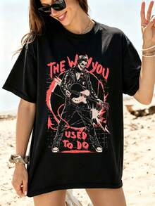 Punk Skull Guitarist T-Shirt 100% Cotton Women's Summer Tee Graffiti Wall Art Vintage Punk Style Red Black Alternative Rock Street Concert - Black - View 1