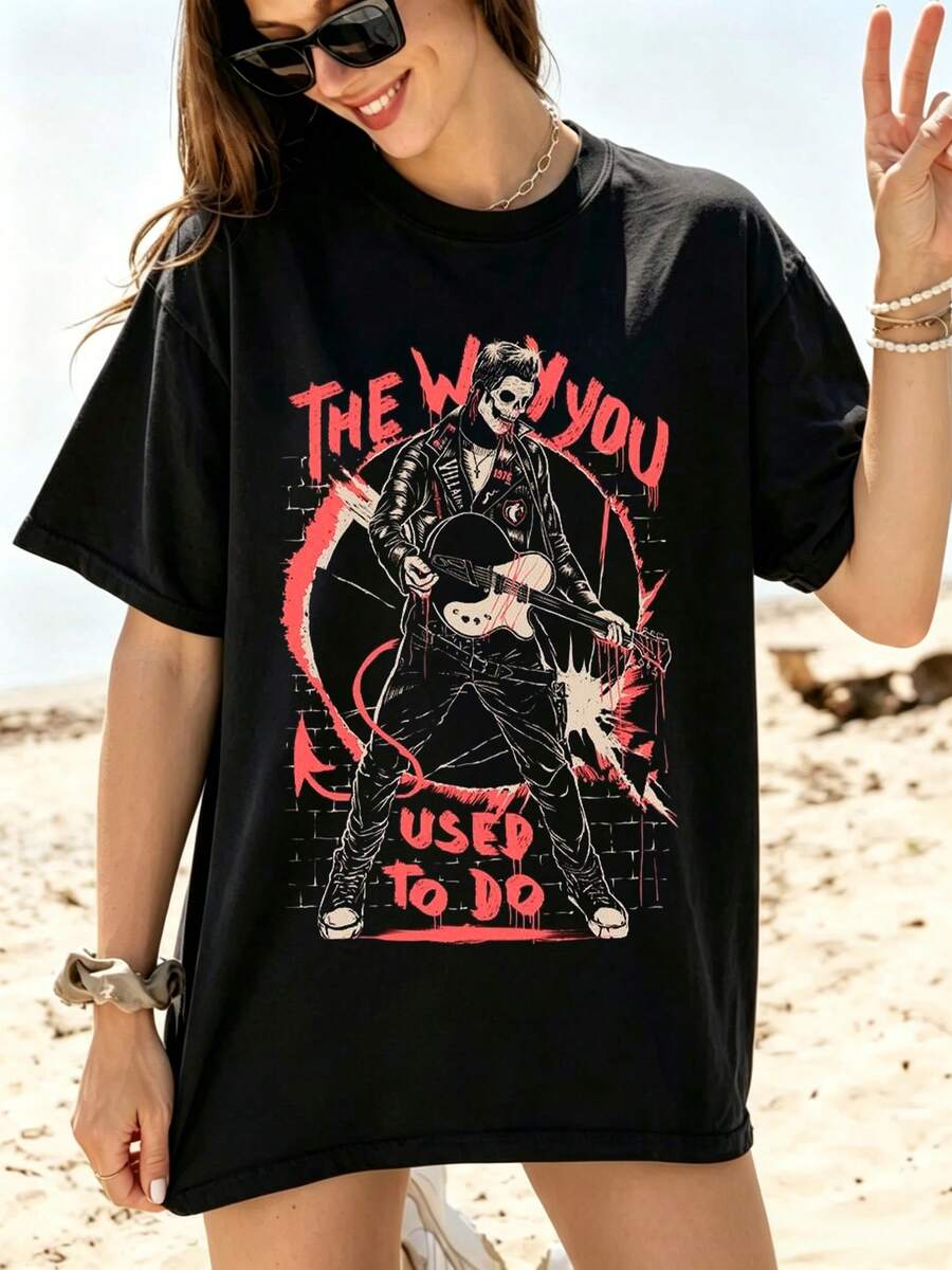 Punk Skull Guitarist T-Shirt 100% Cotton Women's Summer Tee Graffiti Wall Art Vintage Punk Style Red Black Alternative Rock Street Concert - Black - View 1