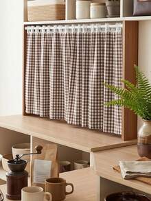 1Pc,White Perforated Lace Splicing American Country Retro Plaid Kitchen Half Curtains For Restaurant Cafe Windows Drapes Over Sink,Oven, Microwave, Curtain Decoration - Khaki - View 10