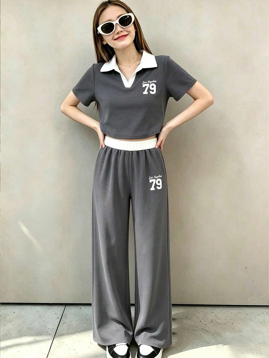 少女字母数字印花短袖T恤和裤子休闲百搭日常套装 - 深灰色 - 查看 1
