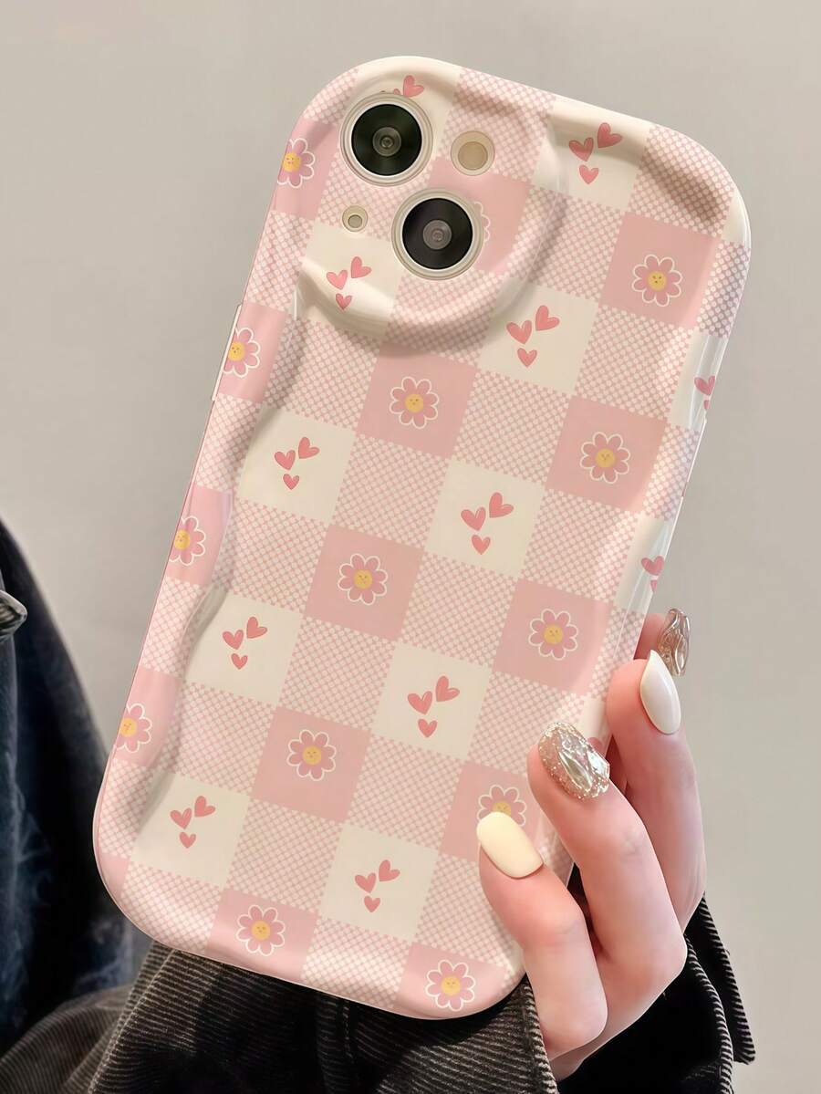1 Stück Stück 2D kreative rosa karierte Herz- & Blumenwellenkanten Schutzhülle kompatibel mit Apple 7/8/X/XR/XS MAX/11/12/13/14/15/16/17 Pro Max, A14/A15/A16/A17/A04/A05/A06/A07/A54/A55/A56/A57/A34/A35/A36/A37/S26/S26 Plus/S26 Ultra, Transsion SMART 7/8/9/10 - Weiss - Übersicht 1
