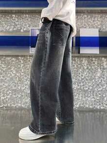 Young Boy Letter Patch Pocket Wide Leg Loose Casual Denim Jeans - Black - View 6