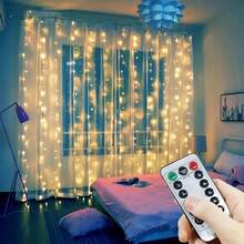 [Warm White Curtain Light] 1pc 300 LED Curtain Light - Warm White, 9.8ft X 9.8ft, USB Powered, 8 Modes, Satin Finish - Perfect For Weddings, Parties, Christmas & Halloween Decorations - USB Curtain Lights - View 5