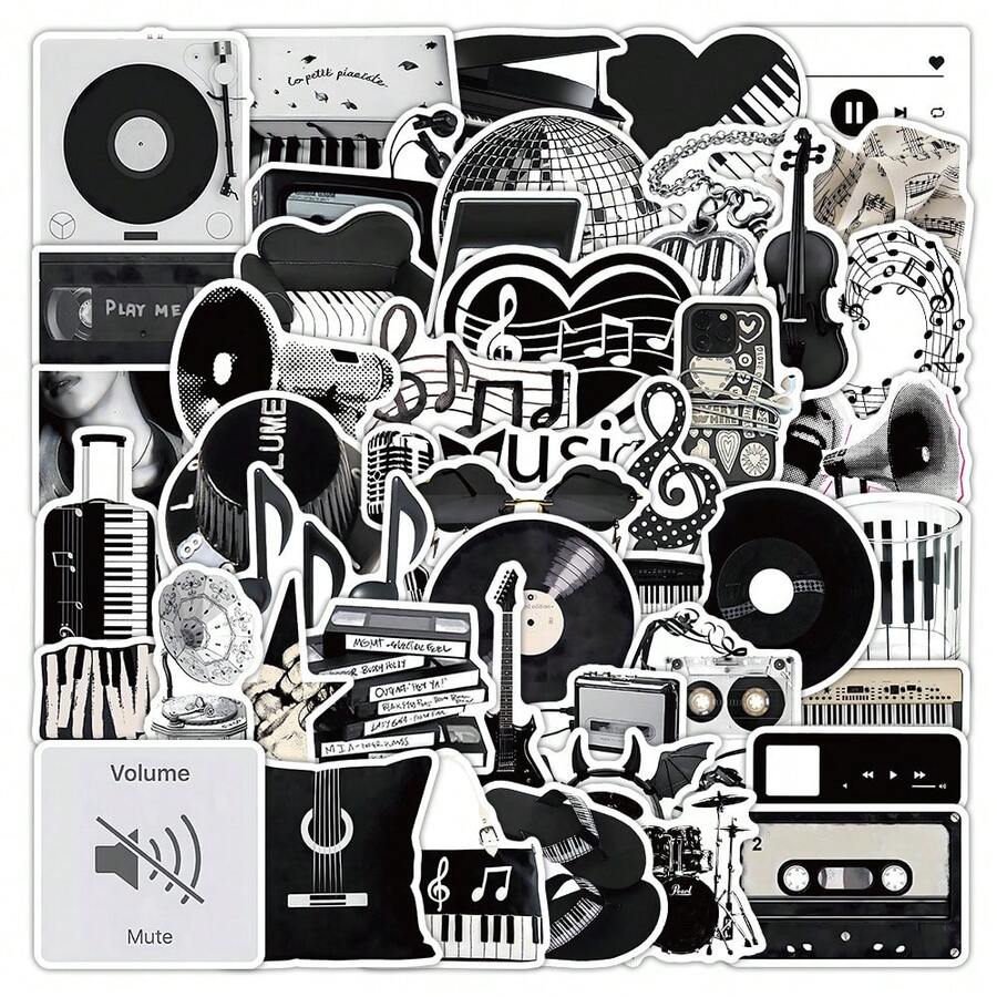 50 Buah Stiker Vinyl Elemen Musik Hitam Putih Tahan Air untuk Skateboard, Tumbler, Headphone, dan Dekorasi Estetik - 50 buah - View 1