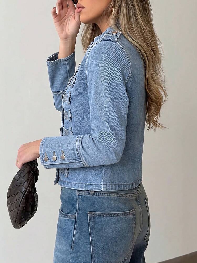 New High Street Metal Ribbed Button Design Shoulder Strap Washed Denim Short Jacket - Medium Wash - View 5