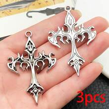 3/6pcs Large Gothic Cross Charms Vintage Filigree Flame Cross Pendants With Rhinestone For DIY Punk Bracelet Necklace Jewelry Making Findings - Silver - View 11