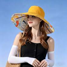 1pc Large Brim Leaf Pattern Bucket Hat, Sun Protection Hat For Shopping, Cool Summer Sun Hat For Women, Fashionable Sun Hat With Wide Brim, Spring/Summer Essential, Printed Versatile Sun Hat - Multicolor - View 9