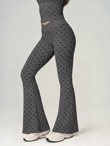 UONNOU 2pcs Polka Dot Square Neck Criss-Cross Back Camisole + Criss-Cross Waist Flare Pants Sports Set - Grey - View 10