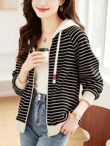 YUXIN Fashion Striped Full Zip Hooded Jacket, Women's Casual Long Sleeve Outerwear, Soft Lining With Adjustable Drawstring, Spring/Autumn Vacation Jacket - Black and White - View 7
