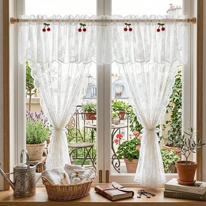 1pc French Lace Sheer Short Curtain White Lace Curtain Header, No-Drill Curtain Rod, Suitable For Pastoral Style Window Curtain, Window Valance, Half Curtain, Kitchen Door Curtain, Princess Style Transparent Curtain (Includes 2 Cherry-Shaped Decorations), Tie-Backs Not Included