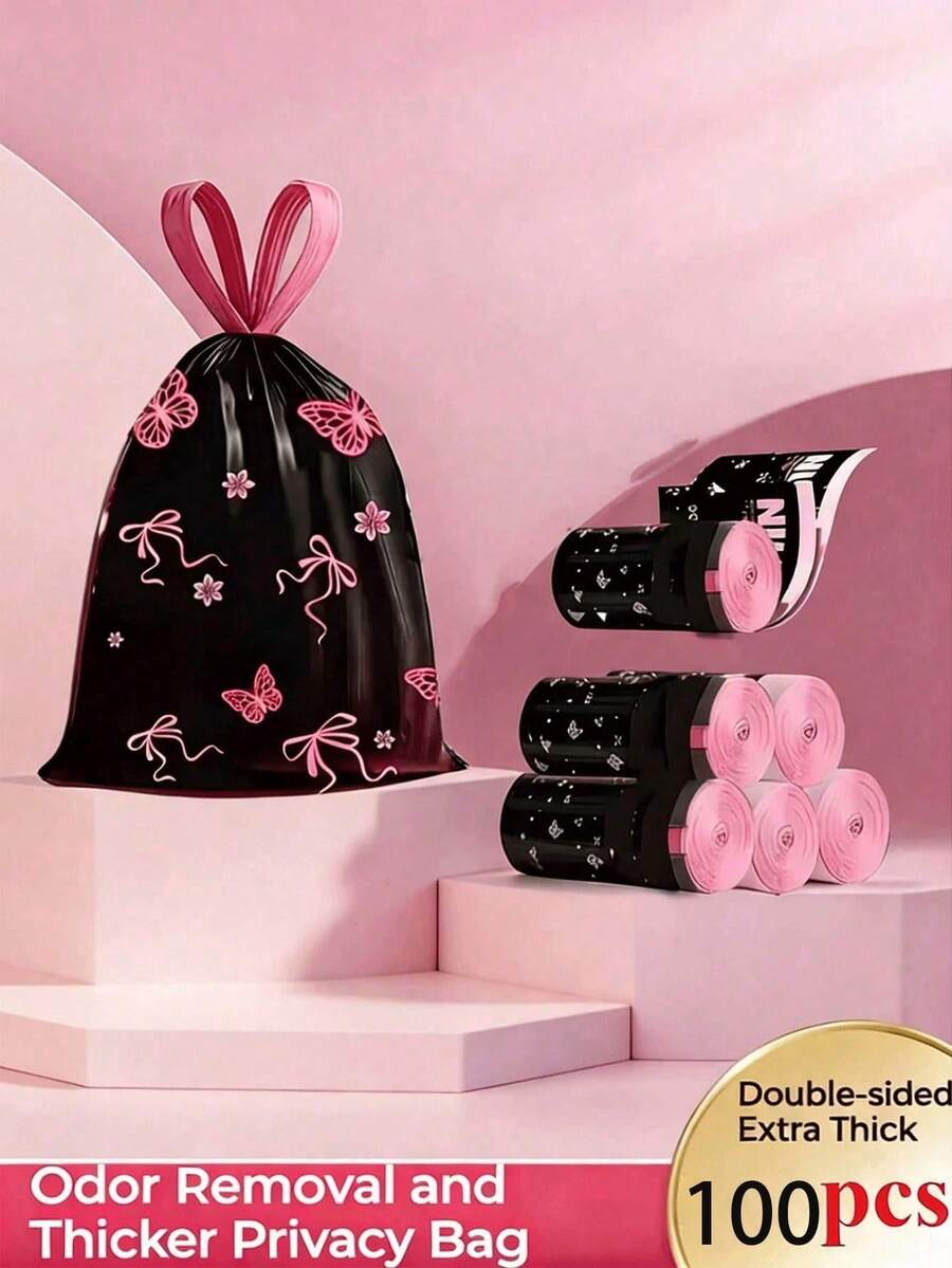 50pcs/Roll Or 15pcs/1roll Cat And Butterfly Pattern Trash Bags, Thickened Tear-Resistant High-Density Polyethylene Durable Disposable Garbage Bags, Wear-Resistant Drawstring, Economical Household Packaging, Leak-Proof Sealed, Foldable Space-Saving - Multicolor - View 1