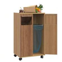Trash Cabinet, 2-Compartment Waste Separation Cabinet, Rolling Kitchen Cabinet In Oak Finish, 2-Door Waste Separation Cabinet With Wheels, For Kitchen & Dining Room, 46.7x35x80cm - Natural Color - View 3