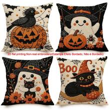 4Pcs 45x45cm Halloween Throw Pillowcase Set, Cartoon Black Cats Spooky Ghost Crow Pumpkin Printed Cushion Cover, 2D Flat Printing, Non-Real 3D Embroidery, Halloween Party Decor, For Sofa Living Room Haunted House Bar Holiday Decor, No Pillow Core - Multicolor - View 1