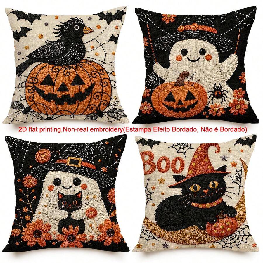 4Pcs 45x45cm Halloween Throw Pillowcase Set, Cartoon Black Cats Spooky Ghost Crow Pumpkin Printed Cushion Cover, 2D Flat Printing, Non-Real 3D Embroidery, Halloween Party Decor, For Sofa Living Room Haunted House Bar Holiday Decor, No Pillow Core - Multicolor - View 1
